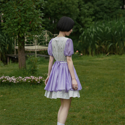 夢幻紫鳶尾 復古少女花花收腰洋裝 夏季拼接短裙連衣裙 第15張的照片