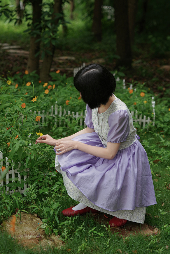 夢幻紫鳶尾 復古少女花花收腰洋裝 夏季拼接短裙連衣裙 第14張的照片