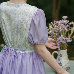 夢幻紫鳶尾 復古少女花花收腰洋裝 夏季拼接短裙連衣裙 第17張的照片