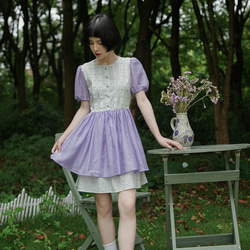夢幻紫鳶尾 復古少女花花收腰洋裝 夏季拼接短裙連衣裙 第13張的照片
