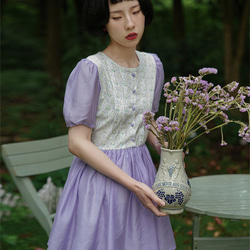 夢幻紫鳶尾 復古少女花花收腰洋裝 夏季拼接短裙連衣裙 第16張的照片