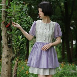 夢幻紫鳶尾 復古少女花花收腰洋裝 夏季拼接短裙連衣裙 第1張的照片