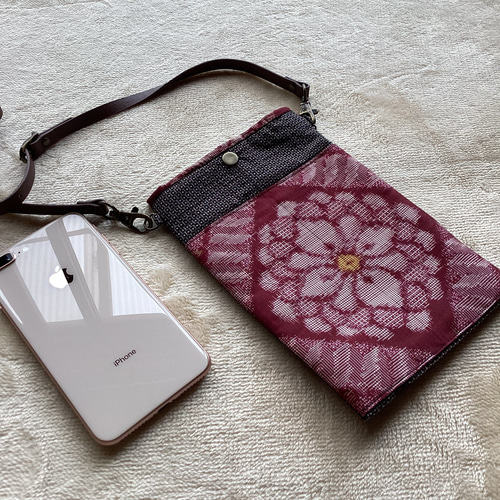 大島紬 スマホショルダーバッグ、スマホポーチ （ハンドメイド