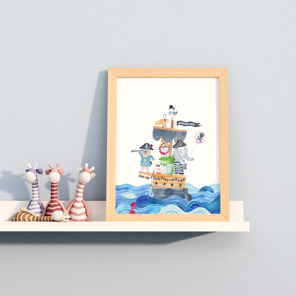 キッズ 可愛い アニマル 海賊船 水彩画風 / インテリアポスター / 111 7枚目の画像