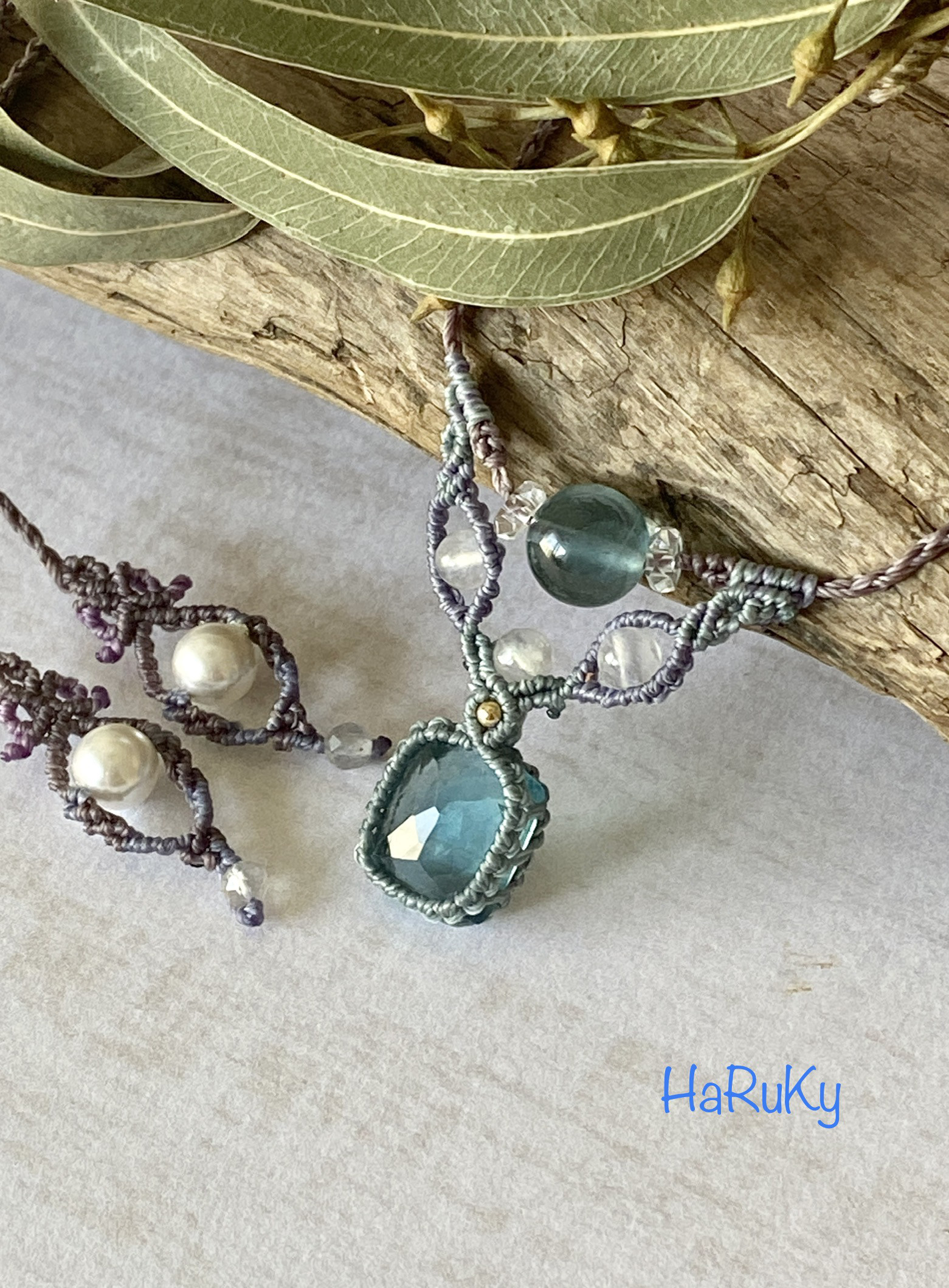 ティールブルー♢フローライト マクラメペンダントネックレス 01 天然石 天然色