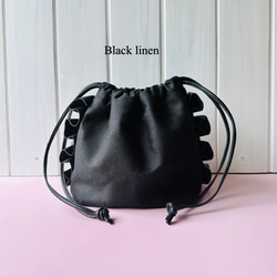 【在庫あり】大人可愛いレザーフリルのリネンバッグ『Ama bag 』ブラック 1枚目の画像