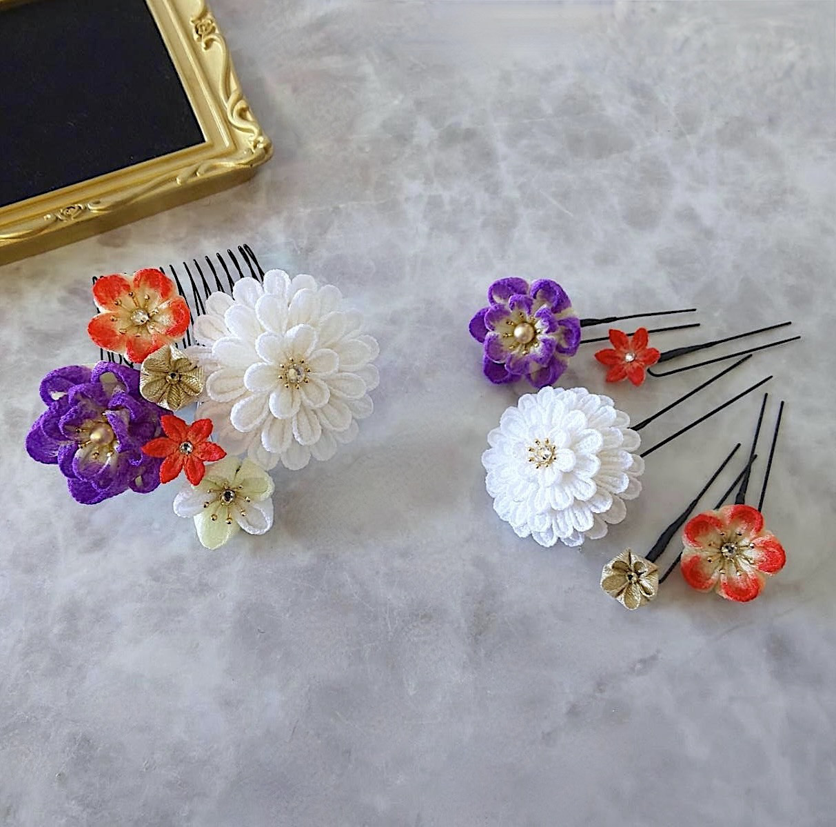 つまみ細工コーム & Uピン５本セット / 逢澄 -azumi-