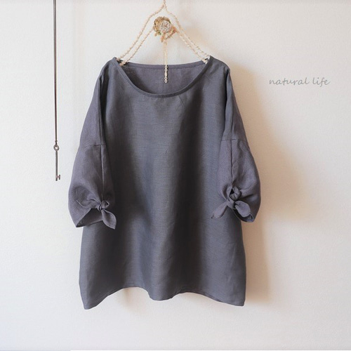リネンの袖リボンブラウス（ブルーグレー） ブラウス natural life