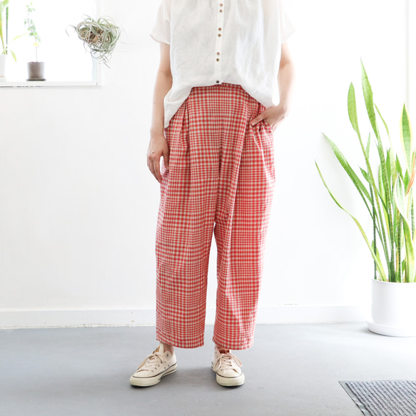 random check wide tuck pants (tomato) 2枚目の画像