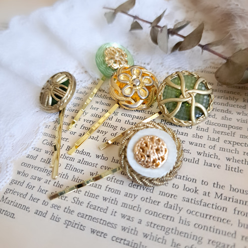 アンティークボタン レトロ ヘアピン ヘアピンセット グリーン系