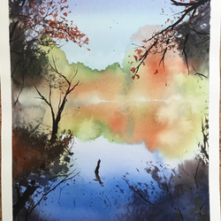 石神井公園の秋　公園　秋　湖　紅葉　水彩画　手描き　 1枚目の画像