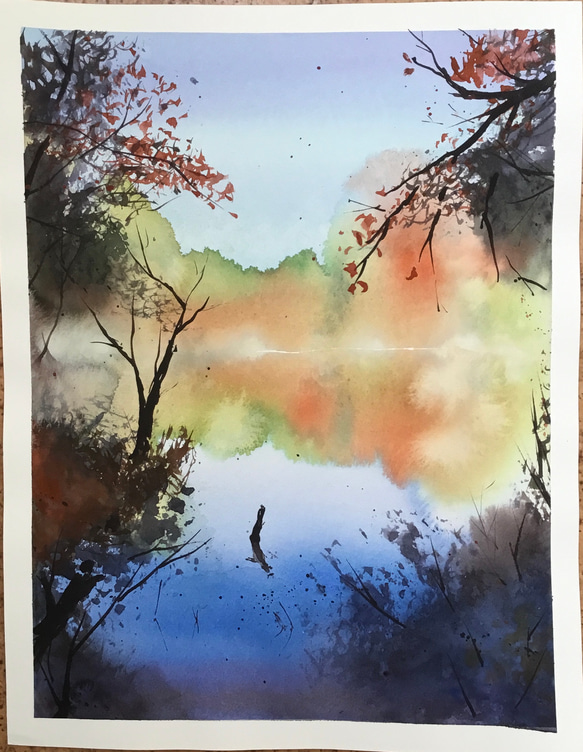 石神井公園の秋　公園　秋　湖　紅葉　水彩画　手描き　 1枚目の画像