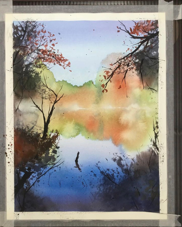 石神井公園の秋　公園　秋　湖　紅葉　水彩画　手描き　 2枚目の画像