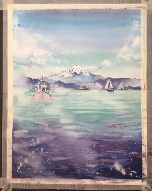 江ノ島からの富士　富士山　船　ヨット　海　山　アート　水彩画　手描き　青空　雲　原画 2枚目の画像