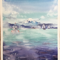 江ノ島からの富士　富士山　船　ヨット　海　山　アート　水彩画　手描き　青空　雲　原画 1枚目の画像