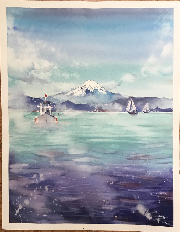 江ノ島からの富士　富士山　船　ヨット　海　山　アート　水彩画　手描き　青空　雲　原画 1枚目の画像