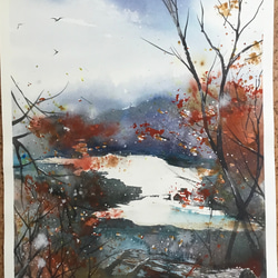 秋の千曲川　河川　秋　紅葉　山　空　水彩画　手描き　 1枚目の画像