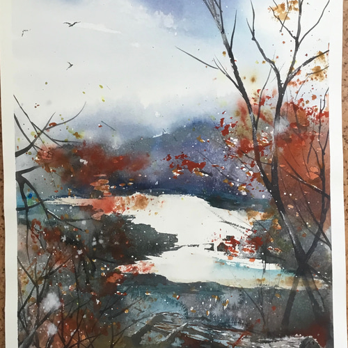 秋の千曲川 河川 秋 紅葉 山 空 水彩画 手描き 絵画 SHOGO 通販