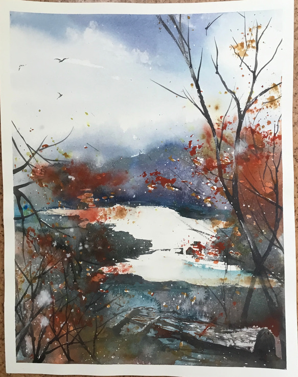 秋の千曲川　河川　秋　紅葉　山　空　水彩画　手描き　 1枚目の画像
