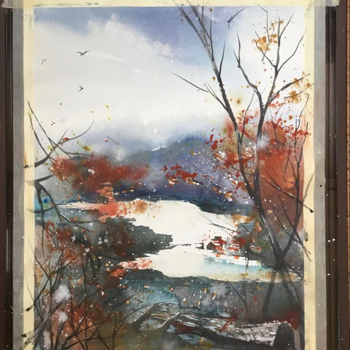 秋の千曲川 河川 秋 紅葉 山 空 水彩画 手描き 絵画 SHOGO 通販