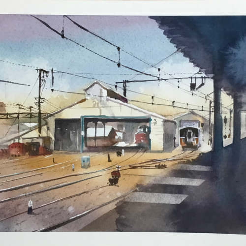 木更津駅 車庫 鉄道 駅 線路 鉄道画 水彩画 手描き 絵画 SHOGO 通販
