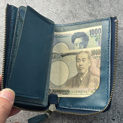 【手工縫製】仿古藍色真皮L型拉鍊真皮雙折錢包（鈔票看起來很漂亮。這款錢包專注於取放方便。 第6張的照片