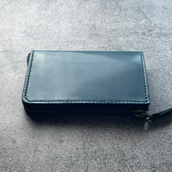 【手工縫製】仿古藍色真皮L型拉鍊真皮雙折錢包（鈔票看起來很漂亮。這款錢包專注於取放方便。 第13張的照片