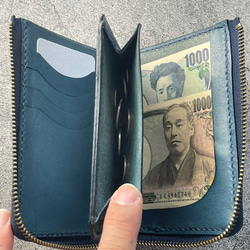 【手工縫製】仿古藍色真皮L型拉鍊真皮雙折錢包（鈔票看起來很漂亮。這款錢包專注於取放方便。 第5張的照片