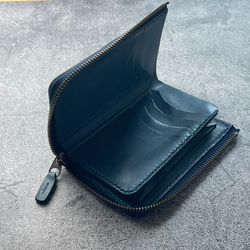 【手工縫製】仿古藍色真皮L型拉鍊真皮雙折錢包（鈔票看起來很漂亮。這款錢包專注於取放方便。 第2張的照片