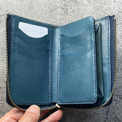 【手工縫製】仿古藍色真皮L型拉鍊真皮雙折錢包（鈔票看起來很漂亮。這款錢包專注於取放方便。 第4張的照片