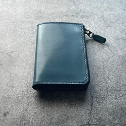 【手工縫製】仿古藍色真皮L型拉鍊真皮雙折錢包（鈔票看起來很漂亮。這款錢包專注於取放方便。 第7張的照片