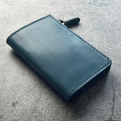 【手工縫製】仿古藍色真皮L型拉鍊真皮雙折錢包（鈔票看起來很漂亮。這款錢包專注於取放方便。 第12張的照片