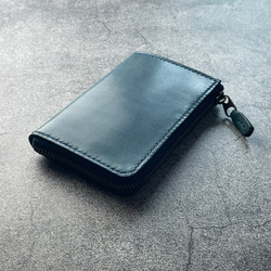 【手工縫製】仿古藍色真皮L型拉鍊真皮雙折錢包（鈔票看起來很漂亮。這款錢包專注於取放方便。 第1張的照片