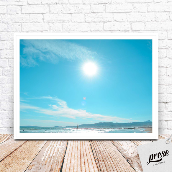 アクリル画 海の風景 太陽 青い空 青い海 打ち寄せる波 浜辺 絵画