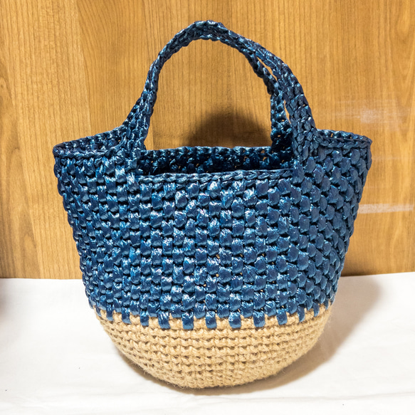 マリンカラー 麻ひもバッグ コットン糸 かぎ編み かごバッグ かご  