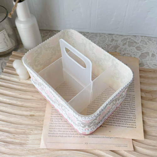 再販取手付き収納BOX ダマスク ピンク×グレージュ リモコンラック