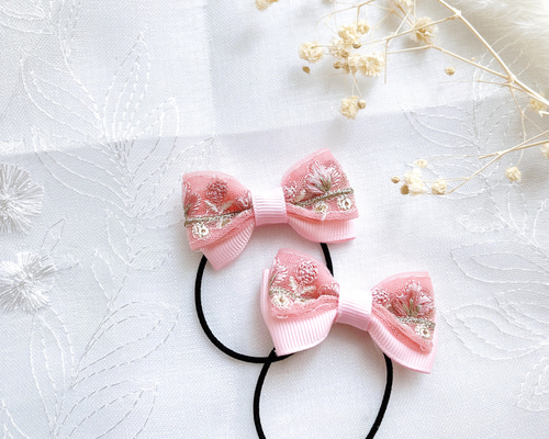 大人可愛いリボンヘアゴム☆インド刺繍リボン×ペタシャムリボン