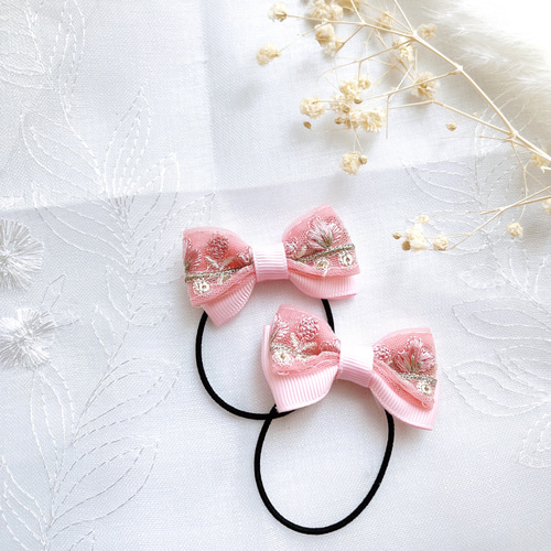 インド刺繍 リボン ピンク 2個セット こども 幼稚園生、小学低学年向け 