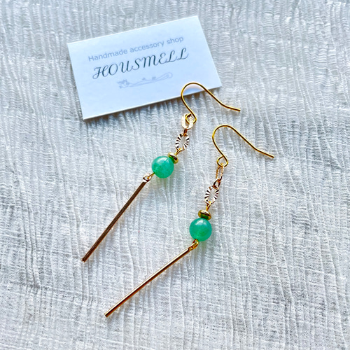 デザインリング2連と6mm天然石とスティックのピアス 各色 ピアス