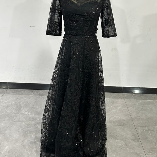 送料無料！高品質！ パーティードレス 黒 ロング 繊細レース  