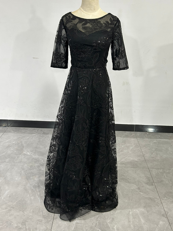 送料無料！高品質！ パーティードレス 黒 ロング 繊細レース  