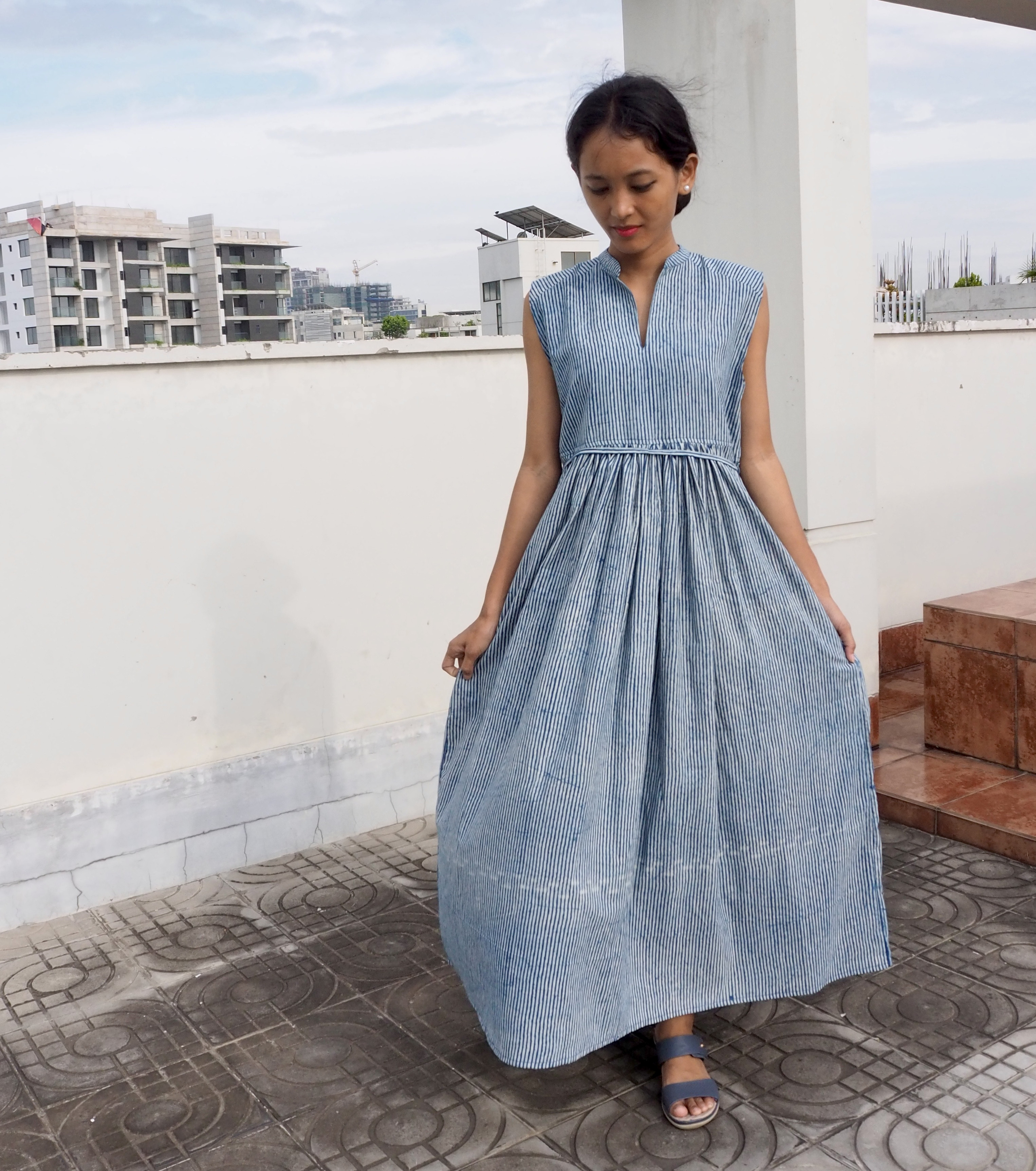 ギャザーワンピース(ハンドブロックプリント)