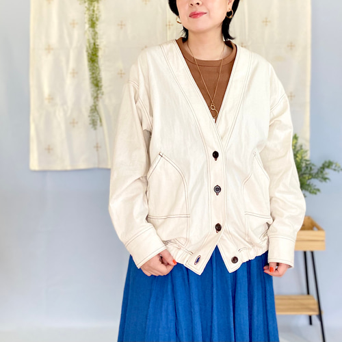 受注製作】2色ステッチのデニムカーディガン 《生成りナチュラル  