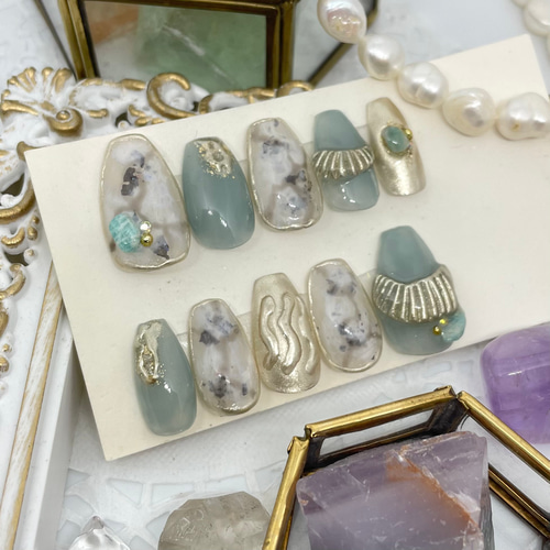 サイズオーダー♡天然石×ミラーネイルチップ ターコイズ 大理石 size  