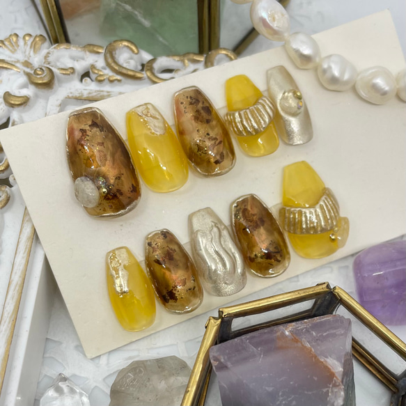 サイズオーダー♡天然石×ミラーネイルチップ イエロー 鼈甲 size order  
