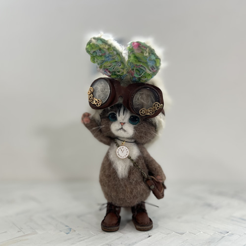 うさ耳帽子のごーぐるにゃんこ 羊毛フェルト ねこ ぬいぐるみ 羊毛  