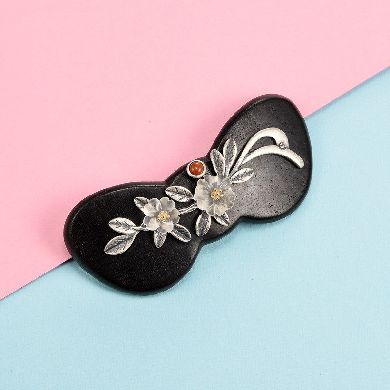 水晶の花が美しい黒檀とスターリングシルバーのバレッタ K067 バレッタ 