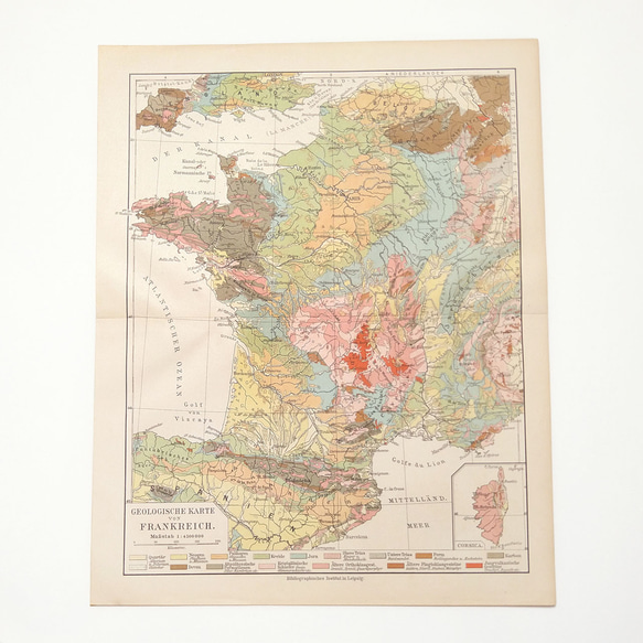 フランスの地質図 アンティークマップ 古地図 ヴィンテージペーパー