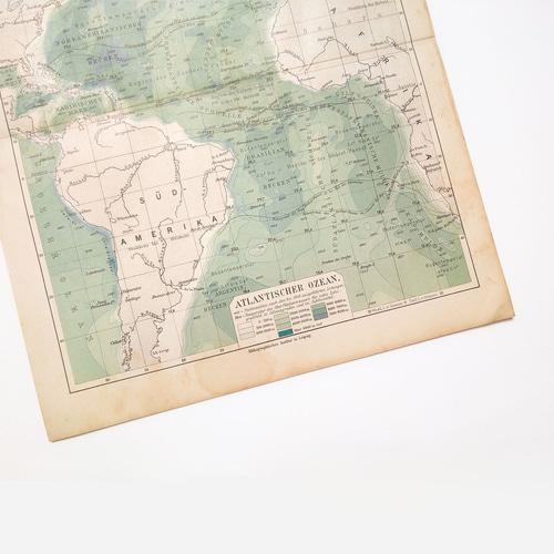 1913年までに測深された大西洋の海の深さの地図 アンティークマップ 古