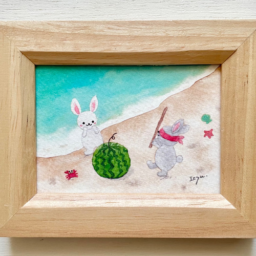 透明水彩画 ミニ額「うさぎちゃんのスイカ割り」イラスト プチ